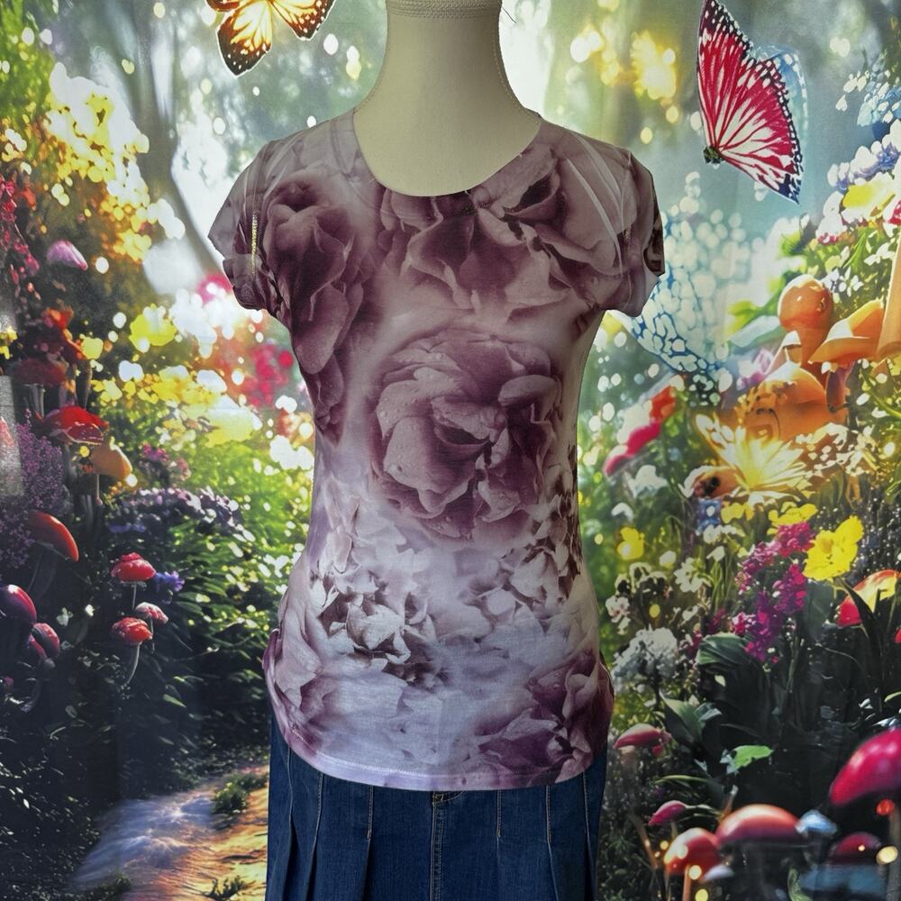 Y2K Cache Fairy Top Size Small Purple Floral Sparkles Whimsigoth Ethereal